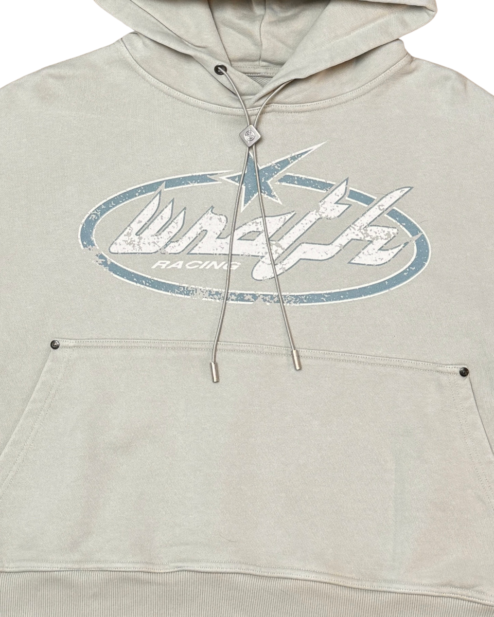 Beige hoodie with a logo on the chest against a white background