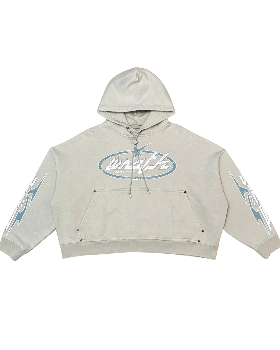 Beige hoodie with brand logo on a white background