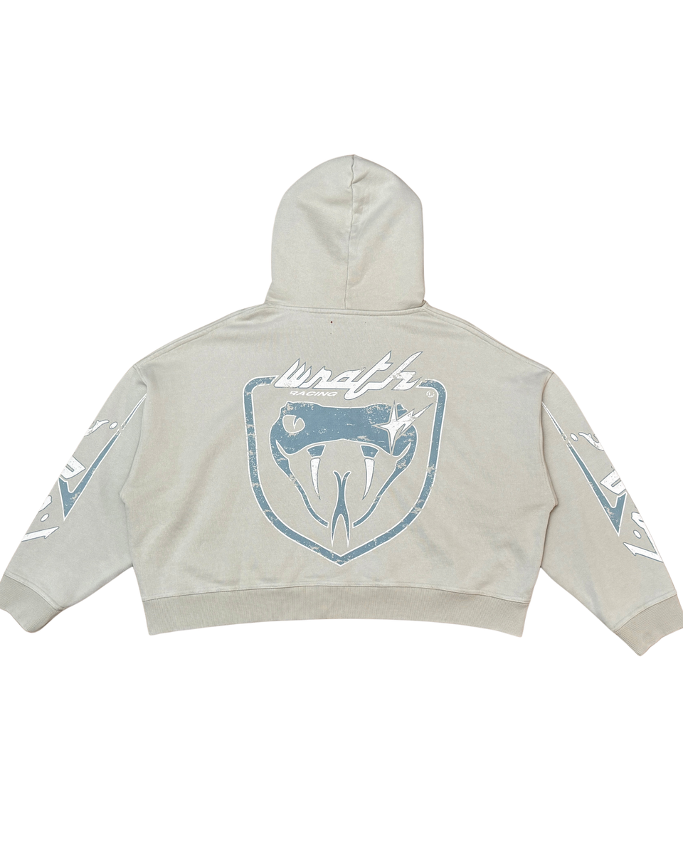 Beige hoodie with a logo and text on a white background