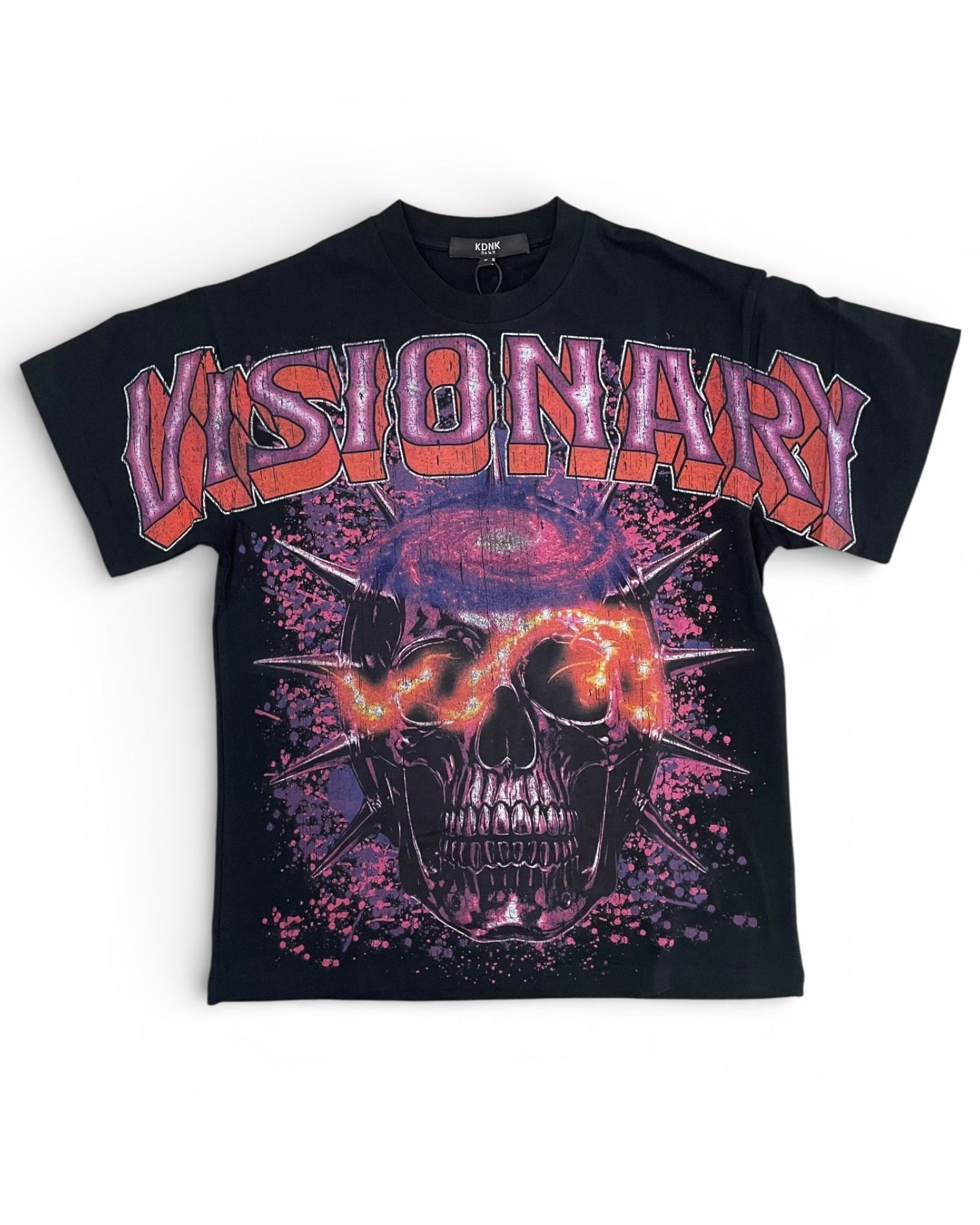 Black t-shirt with a graphic design featuring a skull and the word 'Visionary' on a white background.