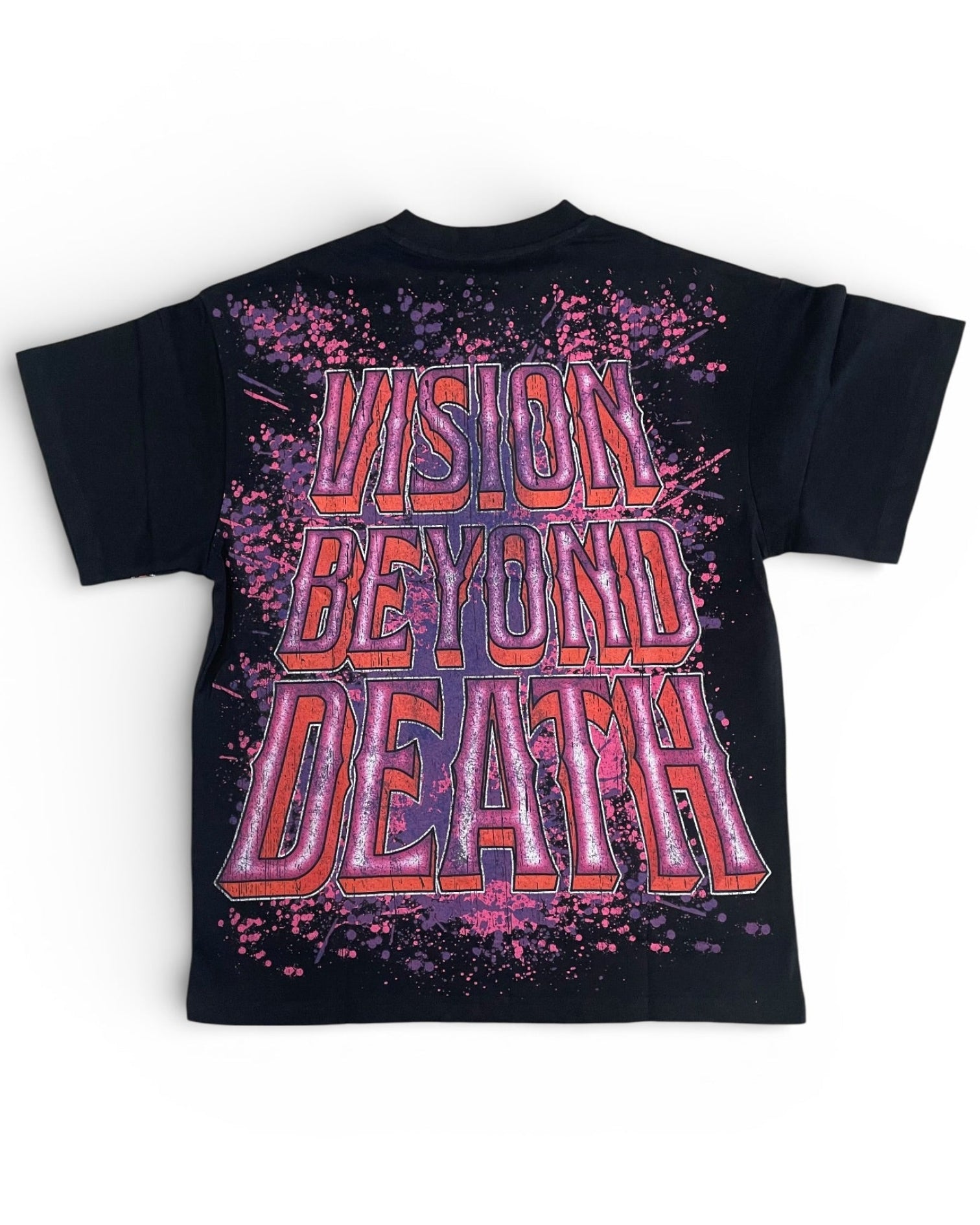 Black t-shirt with 'Vision Beyond Death' text in pink and purple on a white background