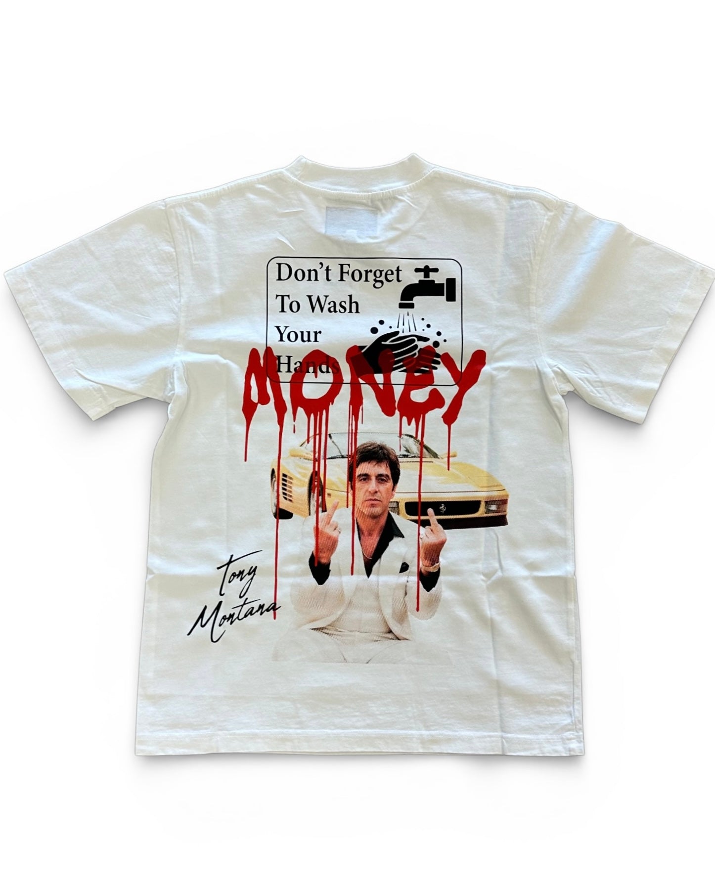 White t-shirt with graphic design featuring a car and text on a white background