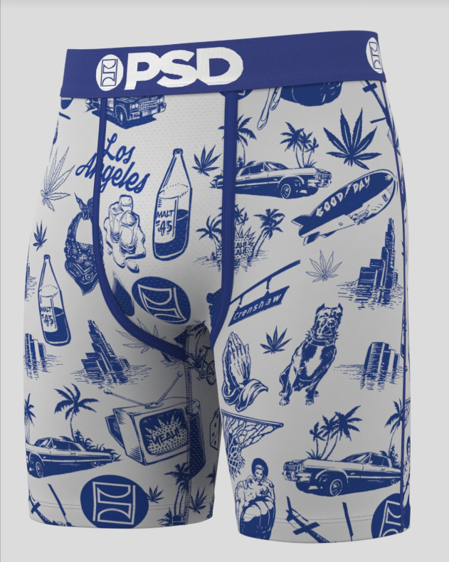 Boxer briefs with a blue and white pattern on a white background