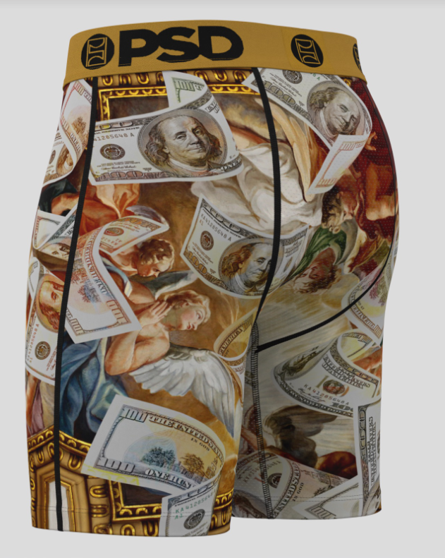 Boxer briefs with a design of money and classical art on a white background