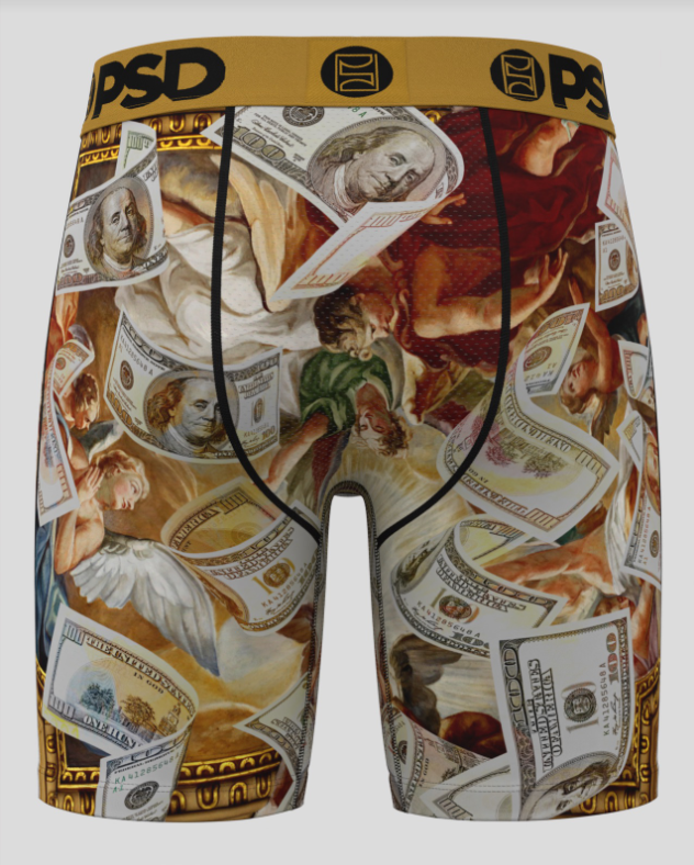 Boxer briefs with a design of dollar bills and classical art on a white background