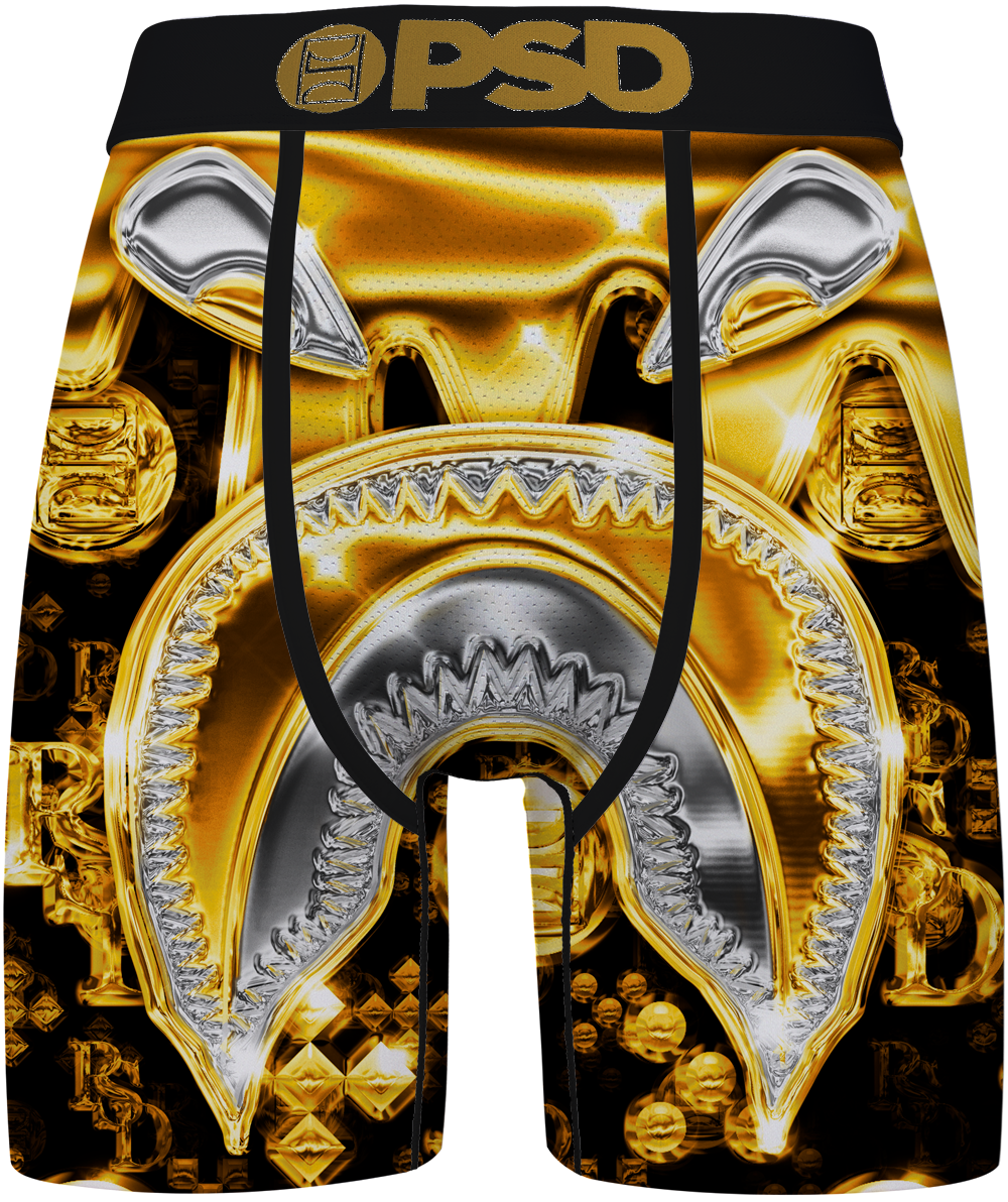 Gold and silver Warface head design on black underwear with 'PSD' branding.