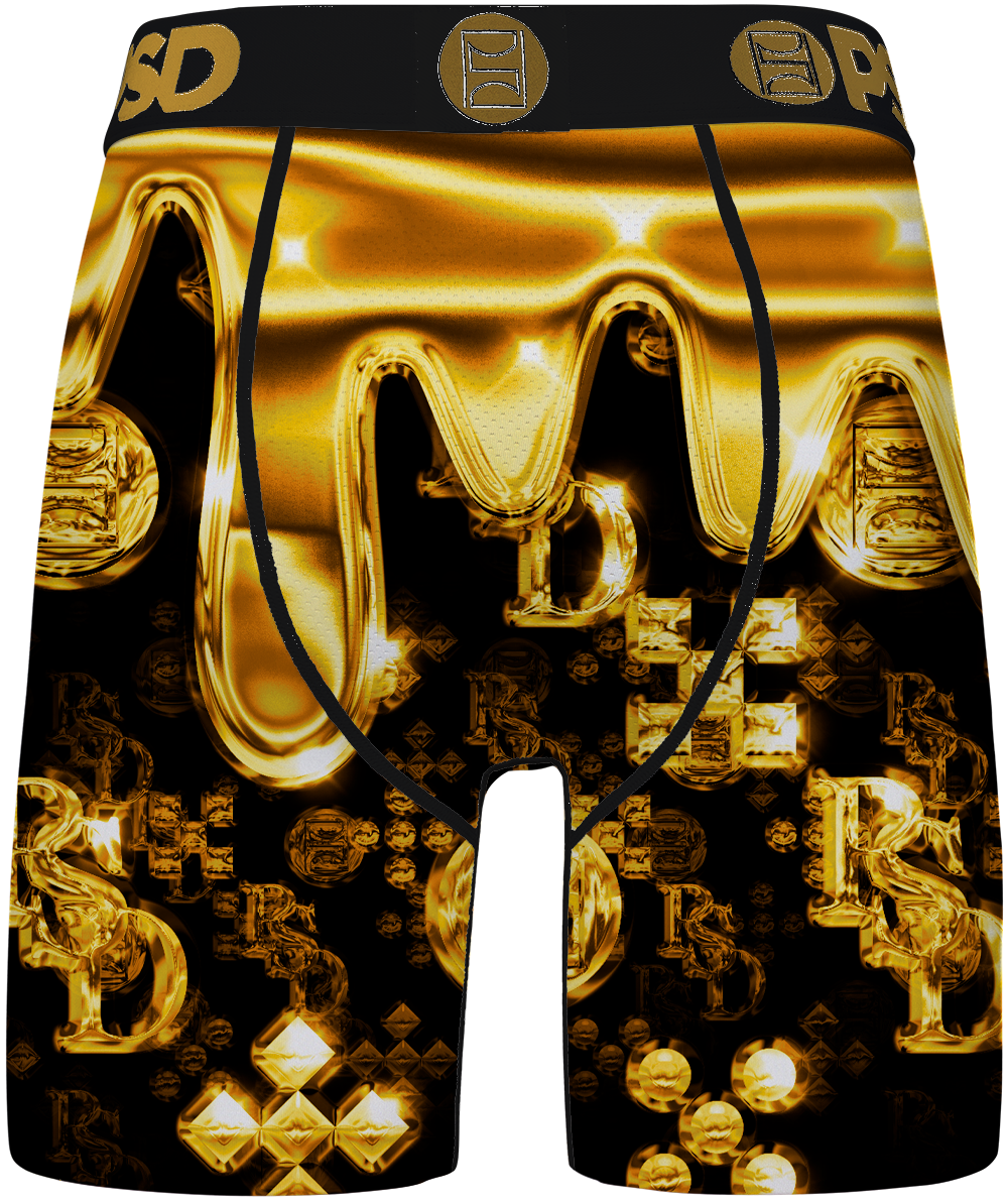 Gold and black boxer briefs with reflective pattern on a white background