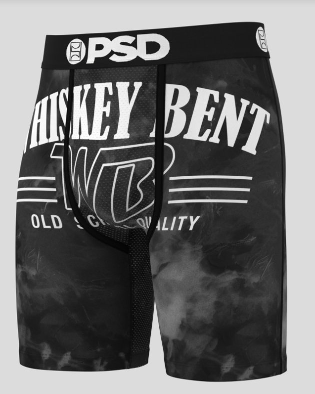 Black men's underwear with 'Whiskey Bent' branding on a gray background