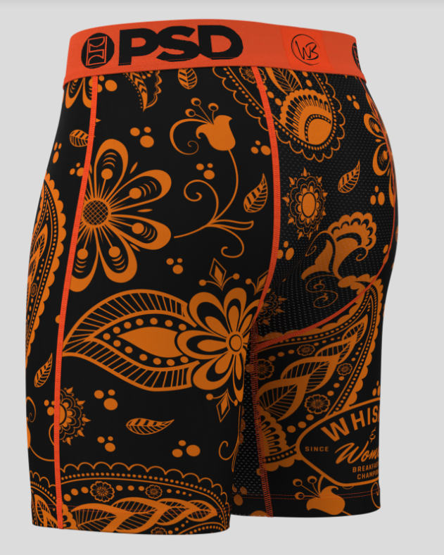 Black and orange patterned underwear with 'PSD' branding on a gray background