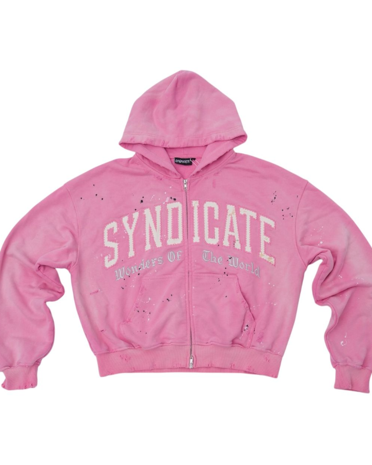 Pink hoodie with 'SYNDICATE' text on a white background