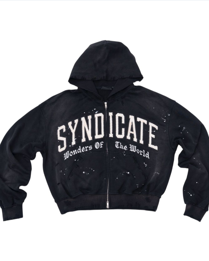 Black hoodie with 'SYNDICATE Wonders of The World' text on a white background