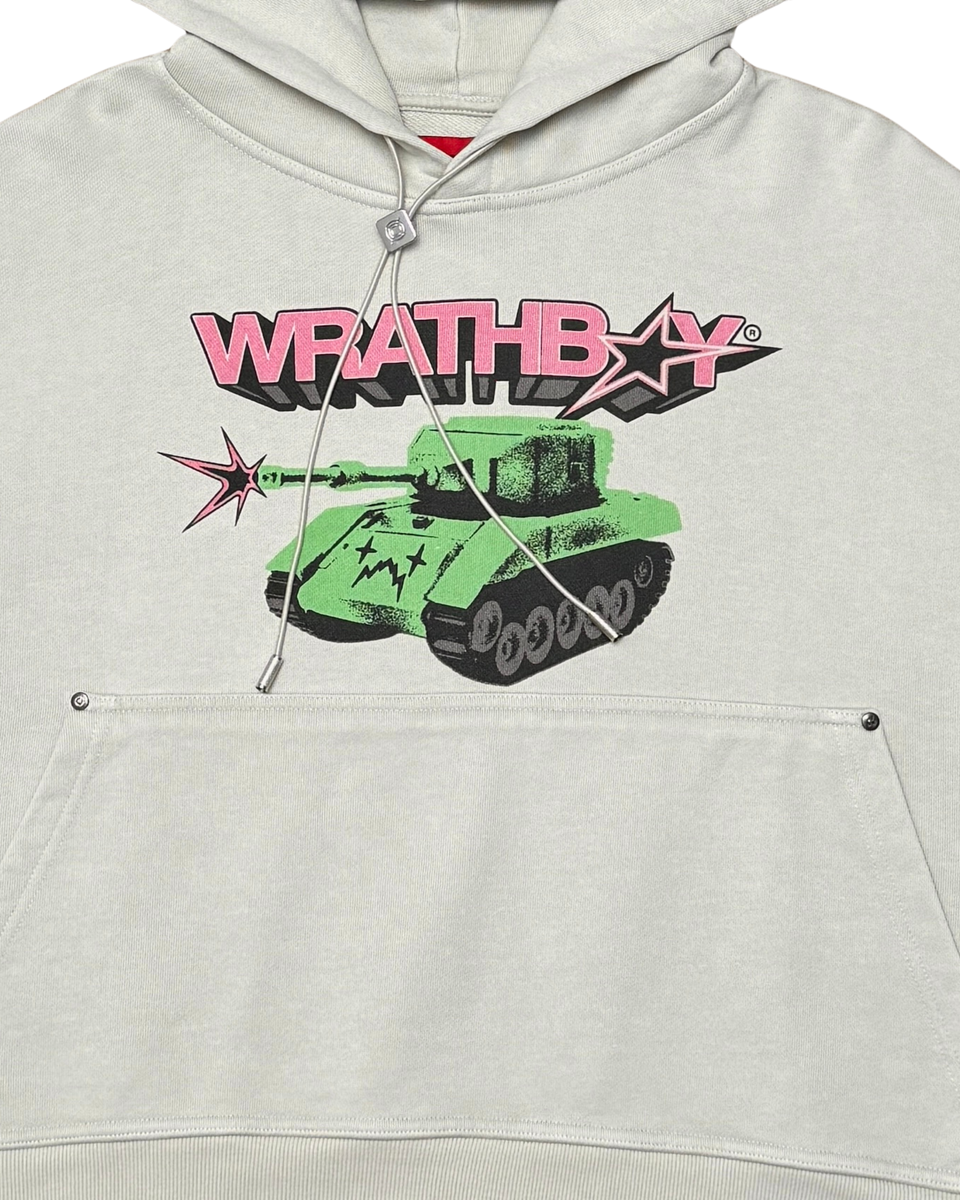 Gray hoodie with a green tank graphic and 'WRATHBOY' text on a white background