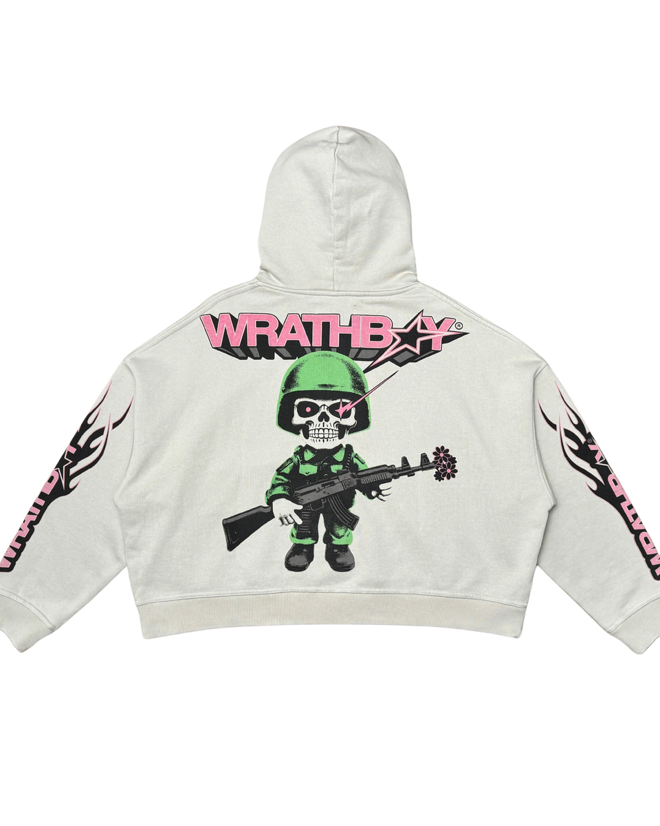 White hoodie with graphic design of a skeleton in a military uniform holding a rifle, with 'Wrath' branding.