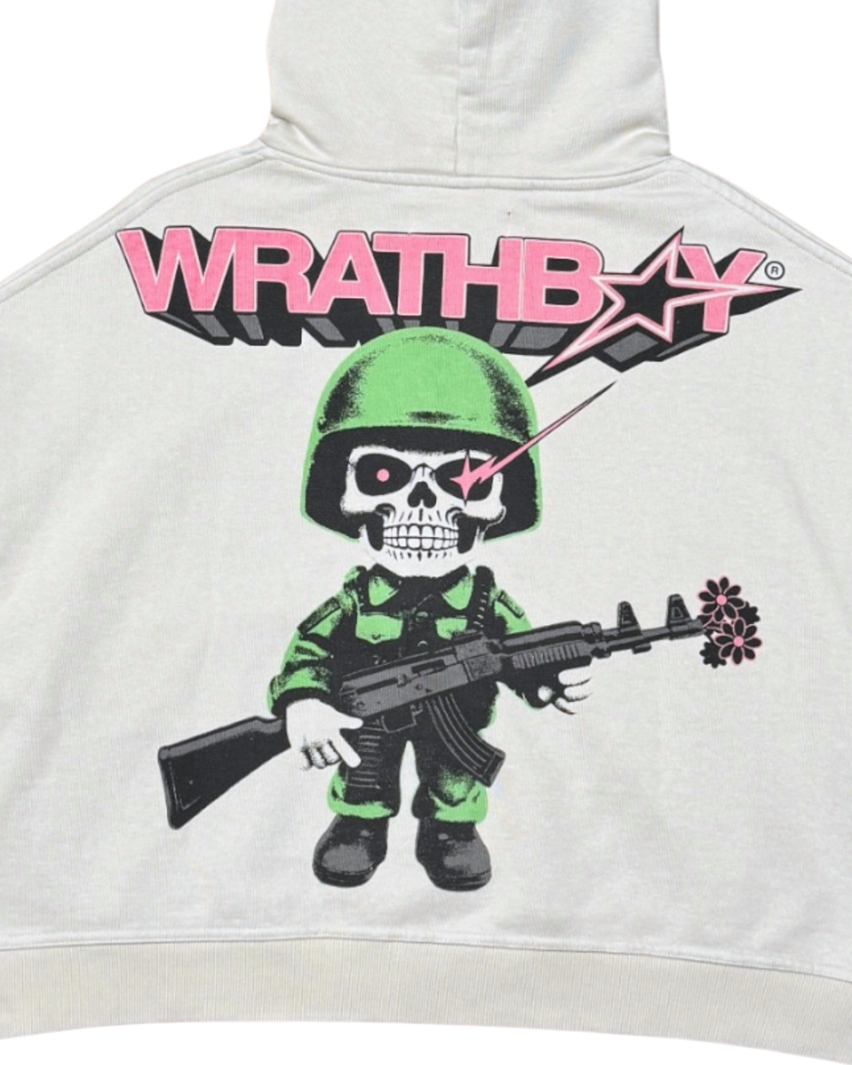 White hoodie with a graphic design of a skeleton in a green helmet and camouflage outfit, holding a rifle, and the brand 'Wrathboy' displayed.