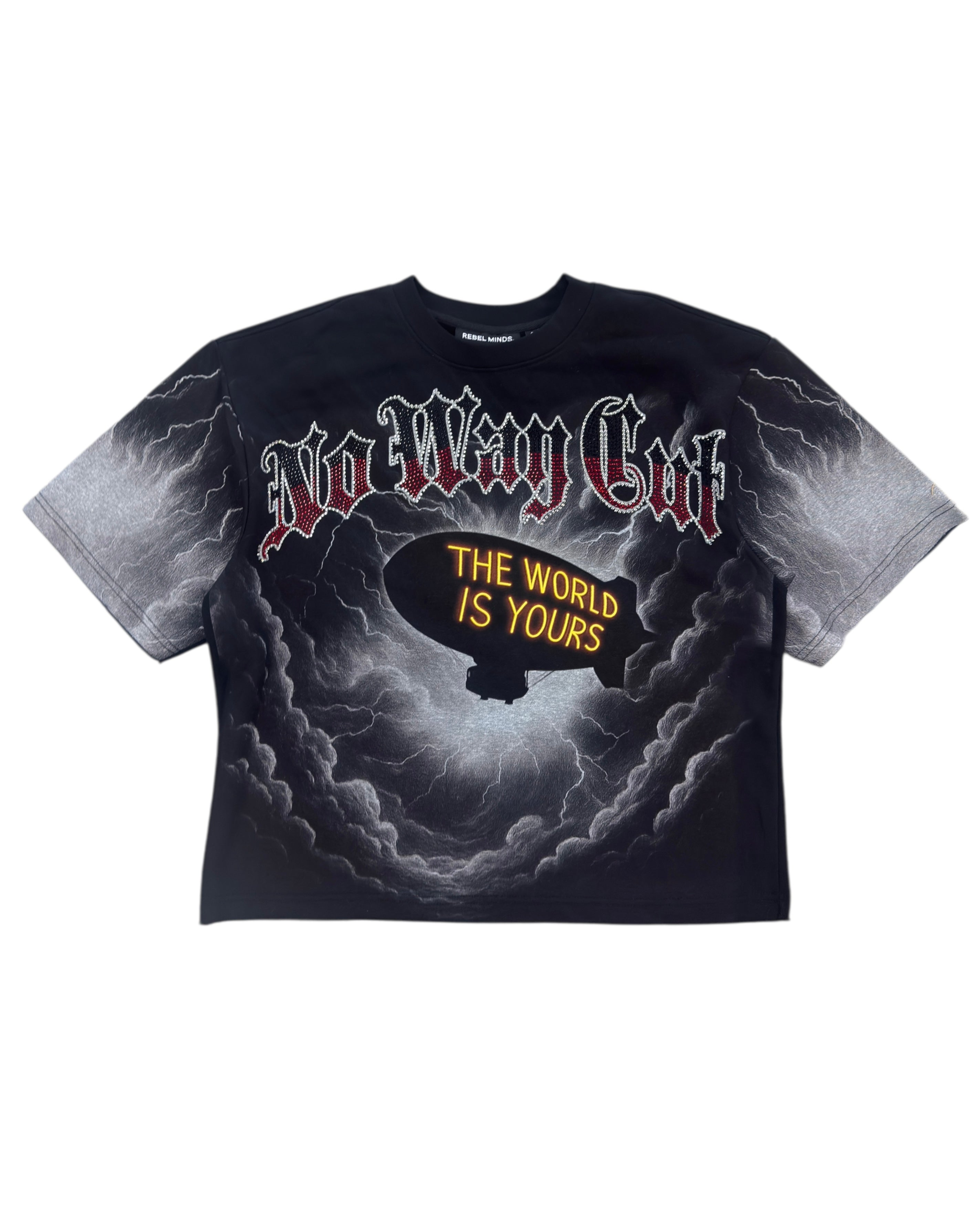 Black t-shirt with graphic design and text on a white background