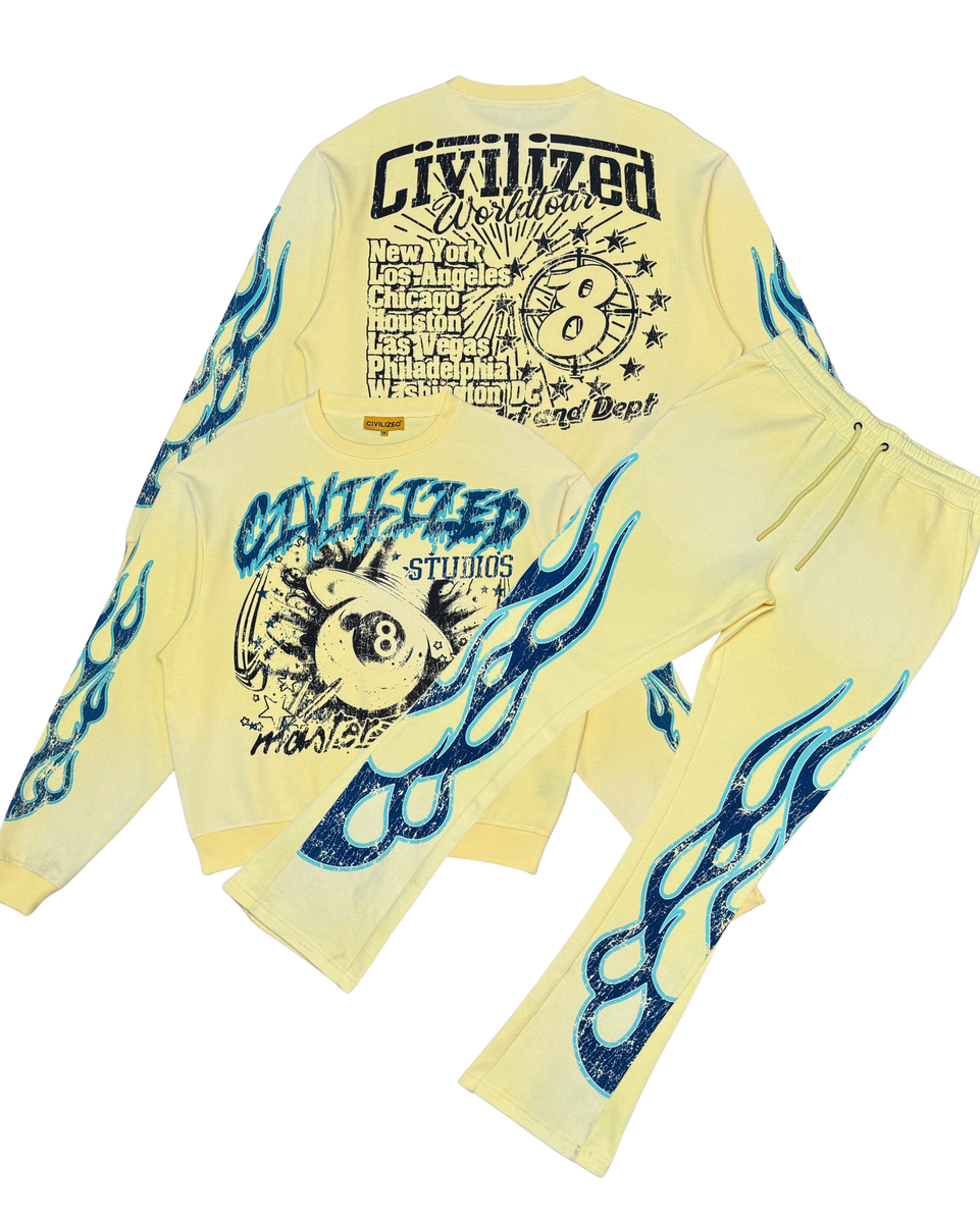 Yellow sweatshirt with blue flame designs and text on a white background