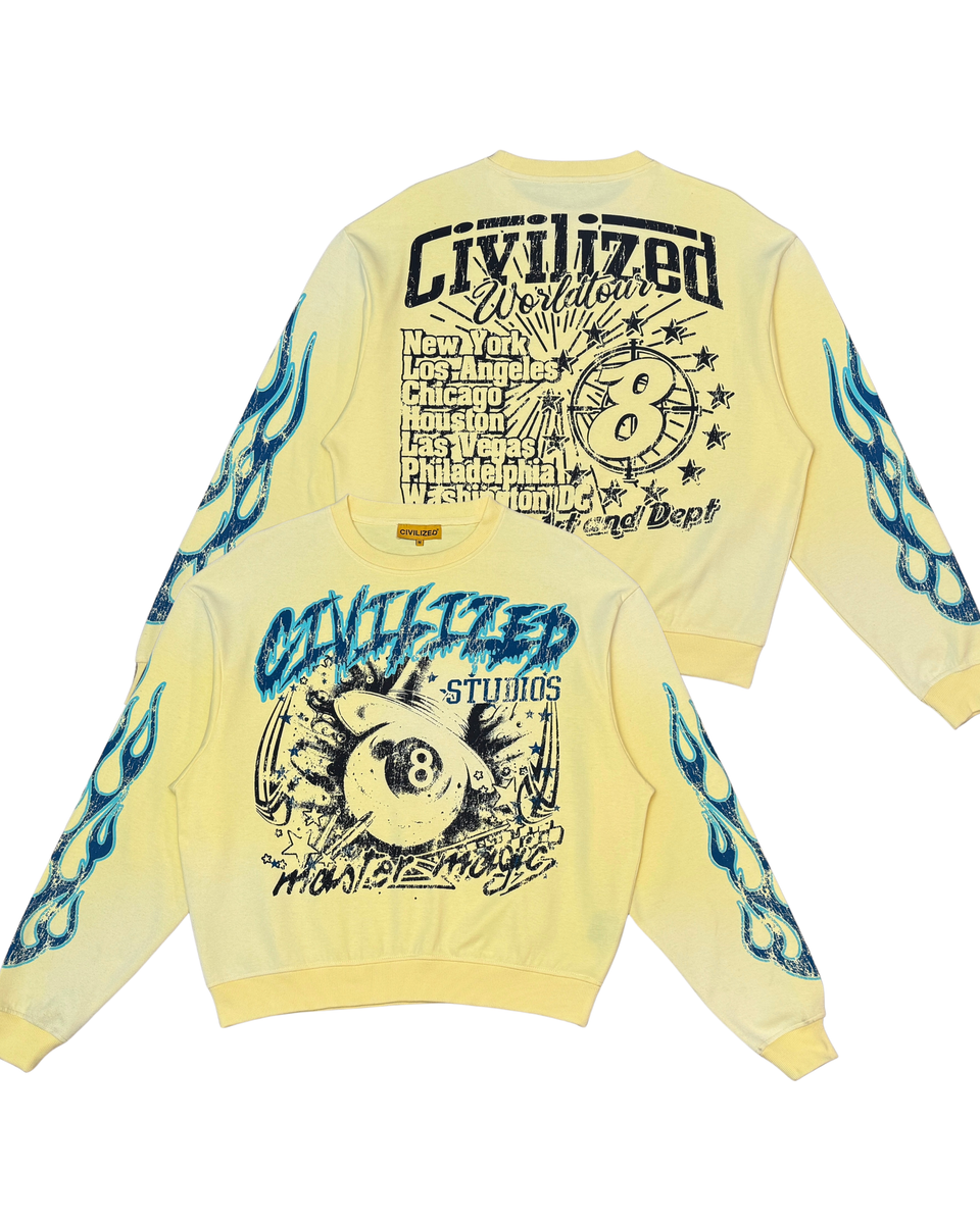 Yellow sweatshirt with black and blue graphics and text on a white background