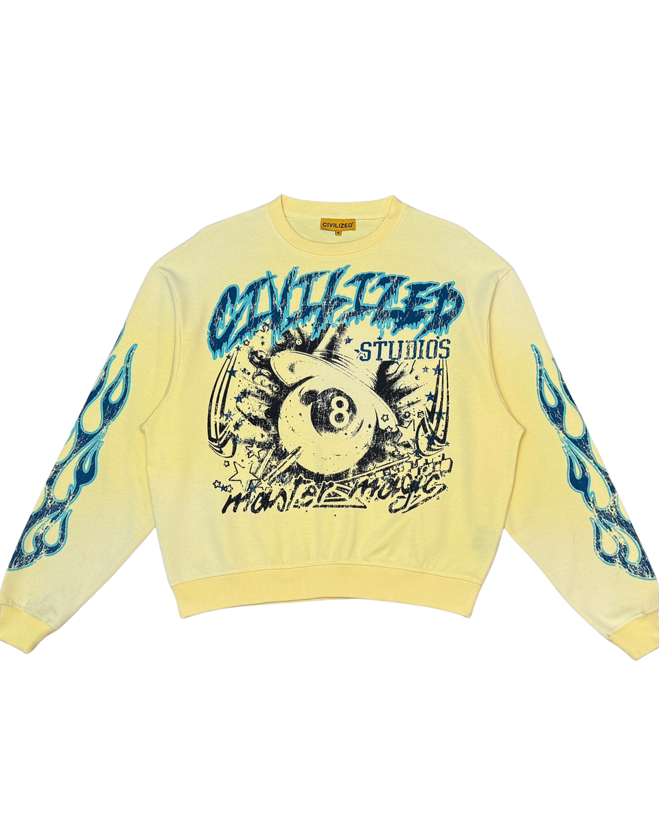 Yellow sweatshirt with graphic design and text on a white background
