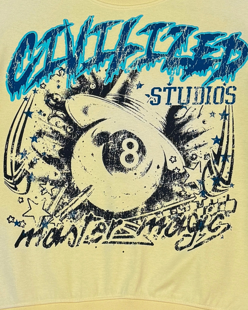 Vintage-style graphic with an eight-ball and text on a beige background