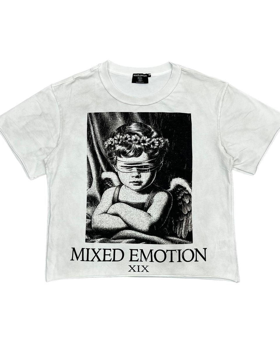 White t-shirt with black and white graphic design and 'MIXED EMOTION XIX' text on a white background