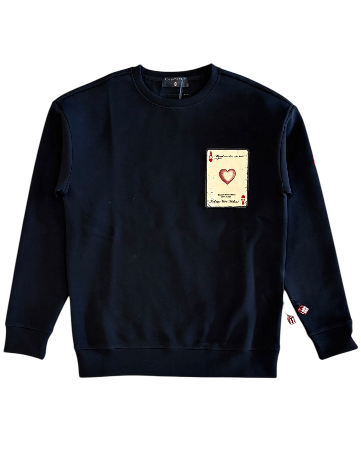 Black sweatshirt with a graphic design on the chest against a white background