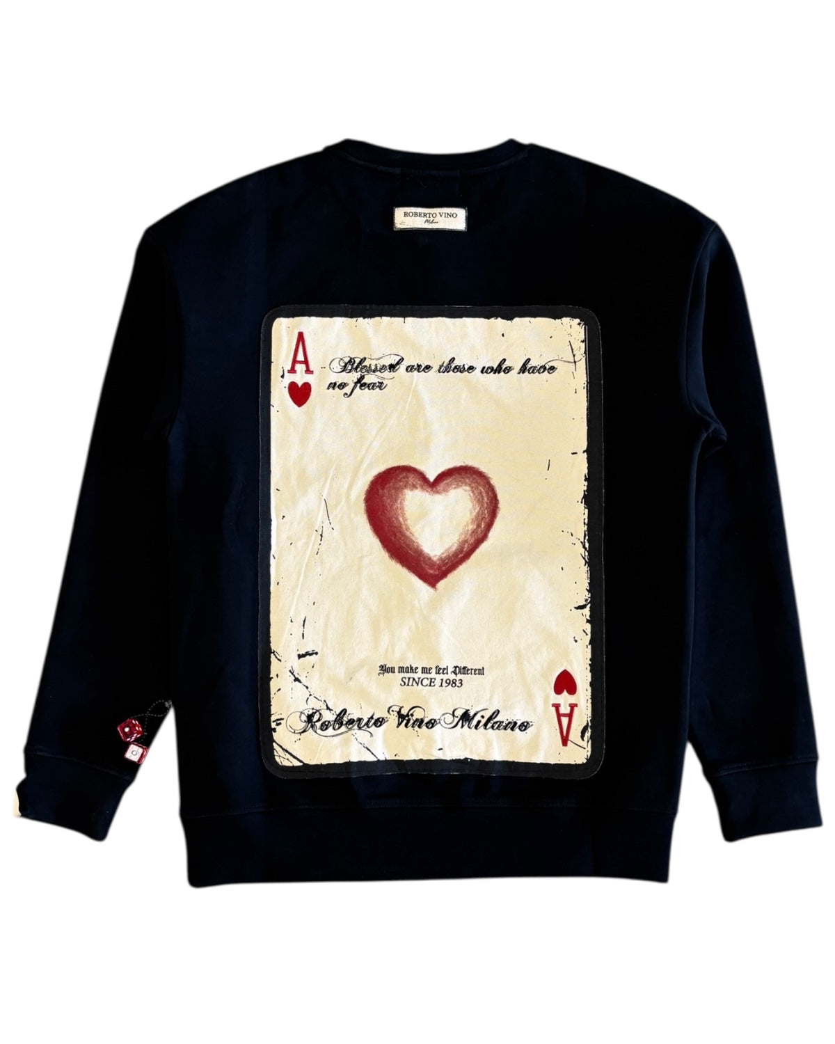 Black sweatshirt with a playing card design featuring a heart and text on a white background