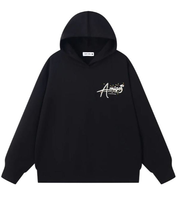 Black hoodie with a logo on the chest against a white background