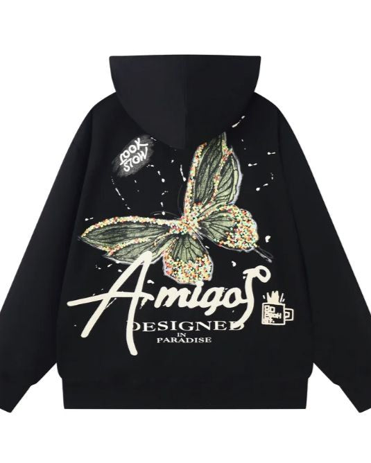 Black hoodie with butterfly design and text on a white background