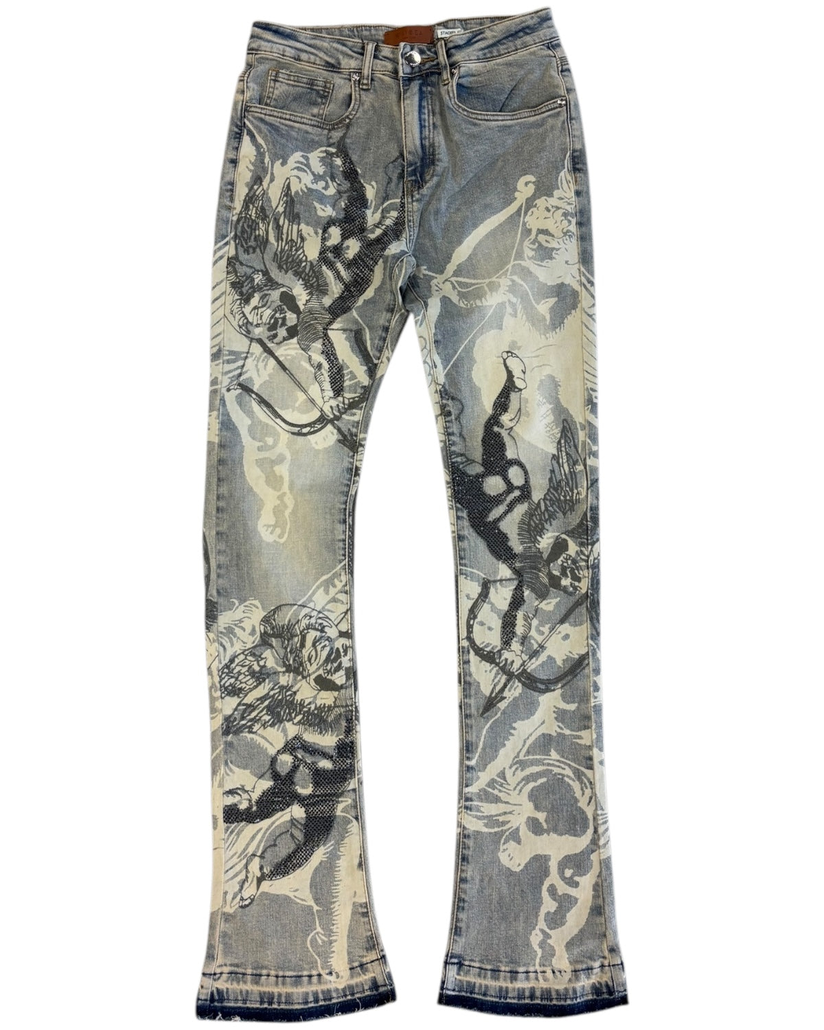 Denim jeans with graphic designs on a white background