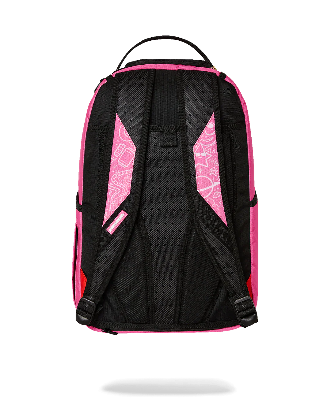 Black and pink backpack with geometric design on a white background