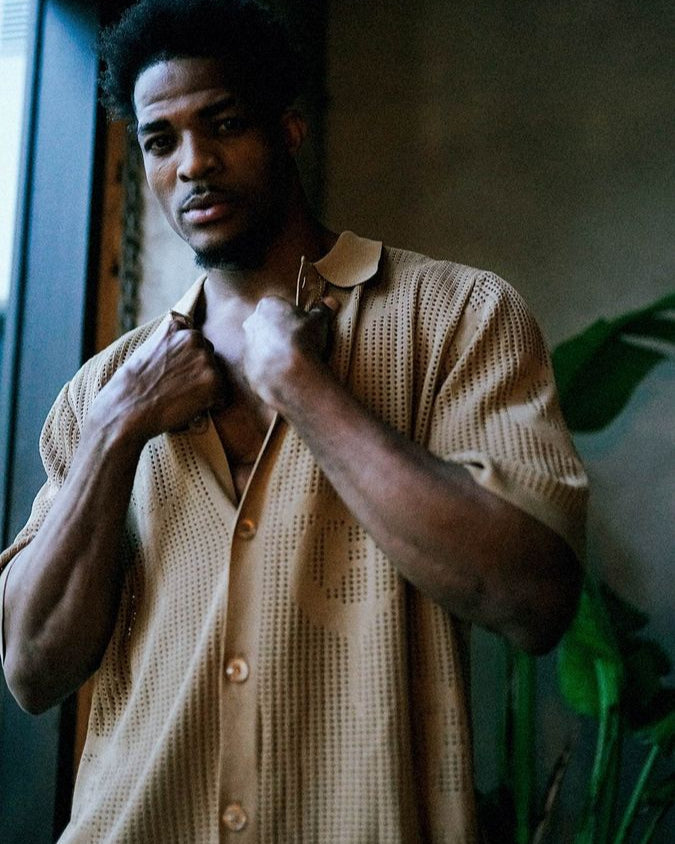 bahr button up set by trnchs in khaki on a model