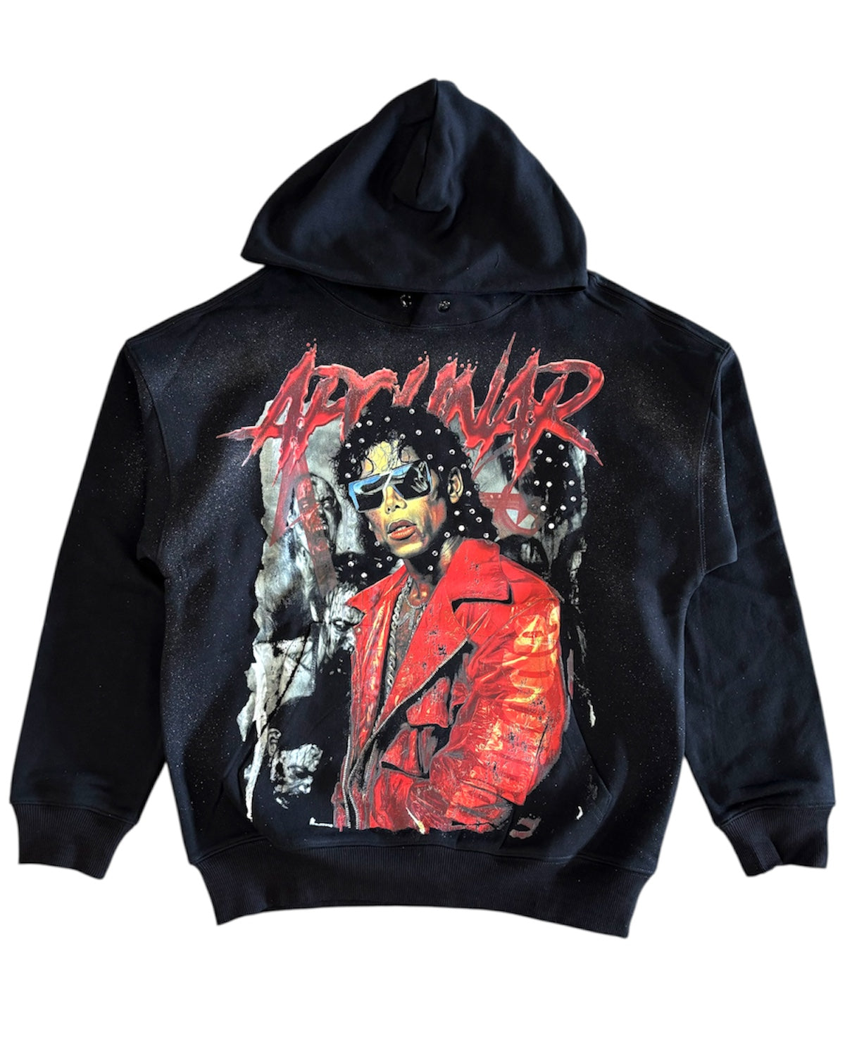 Black hoodie with a graphic of a Michael Jackson in a red jacket and 'Apolinair' text on a white background