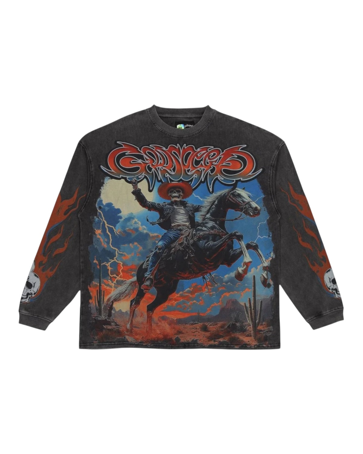 Black long-sleeve shirt with a graphic design of a person on a horse and flames.
