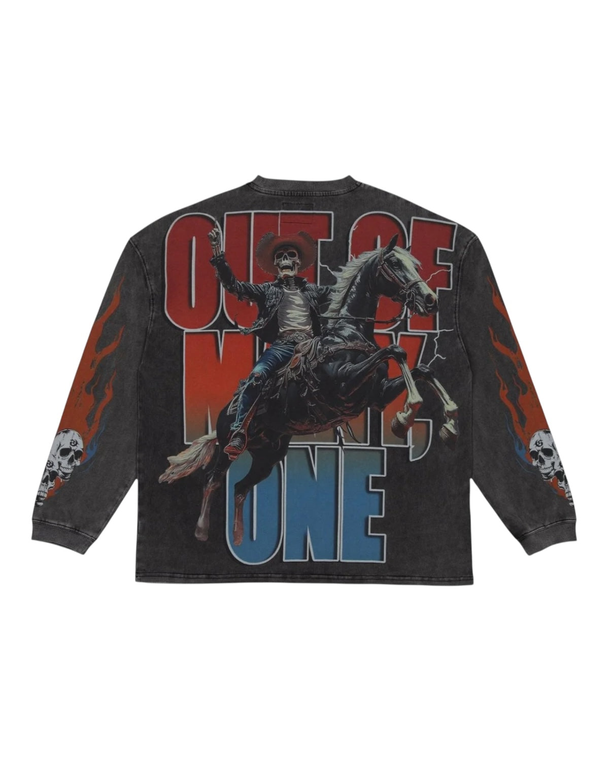 Long-sleeve shirt with a graphic of a person riding a horse and text on a white background