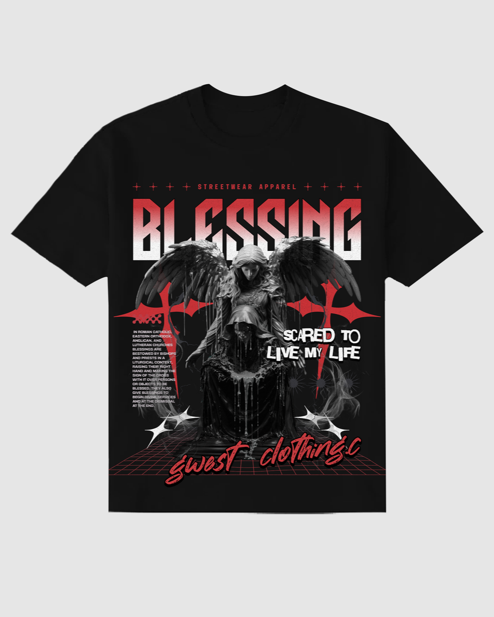 Black t-shirt with graphic design and text on a light gray background