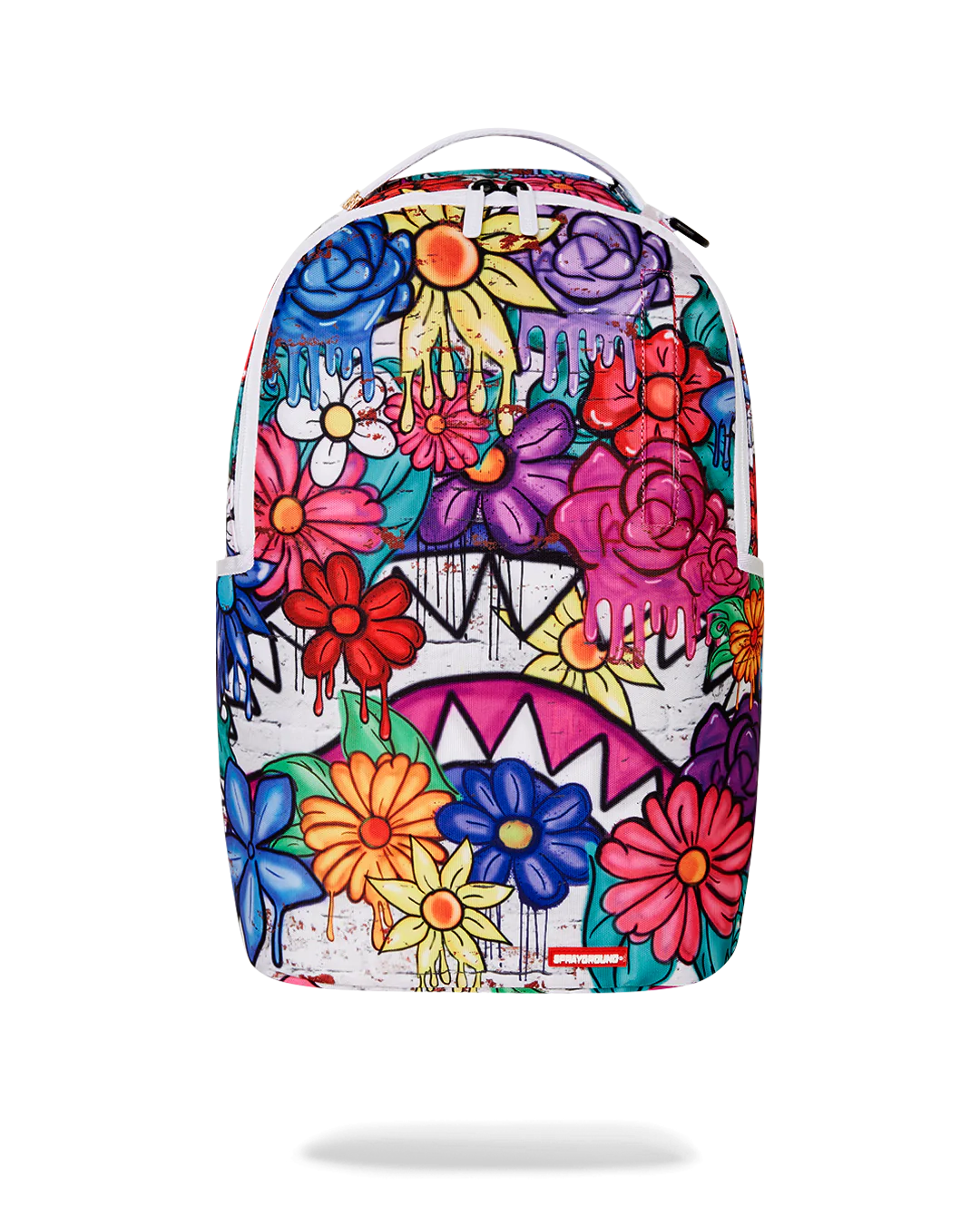 Colorful floral and graffiti-style backpack on a white background by sprayground