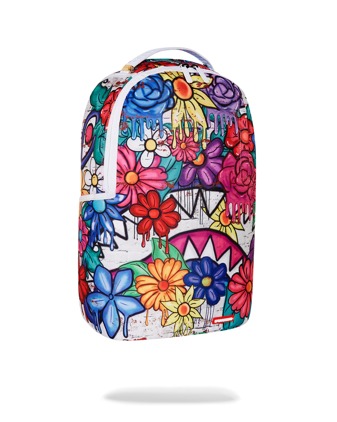 Colorful floral and graffiti-style backpack on a white background by sprayground