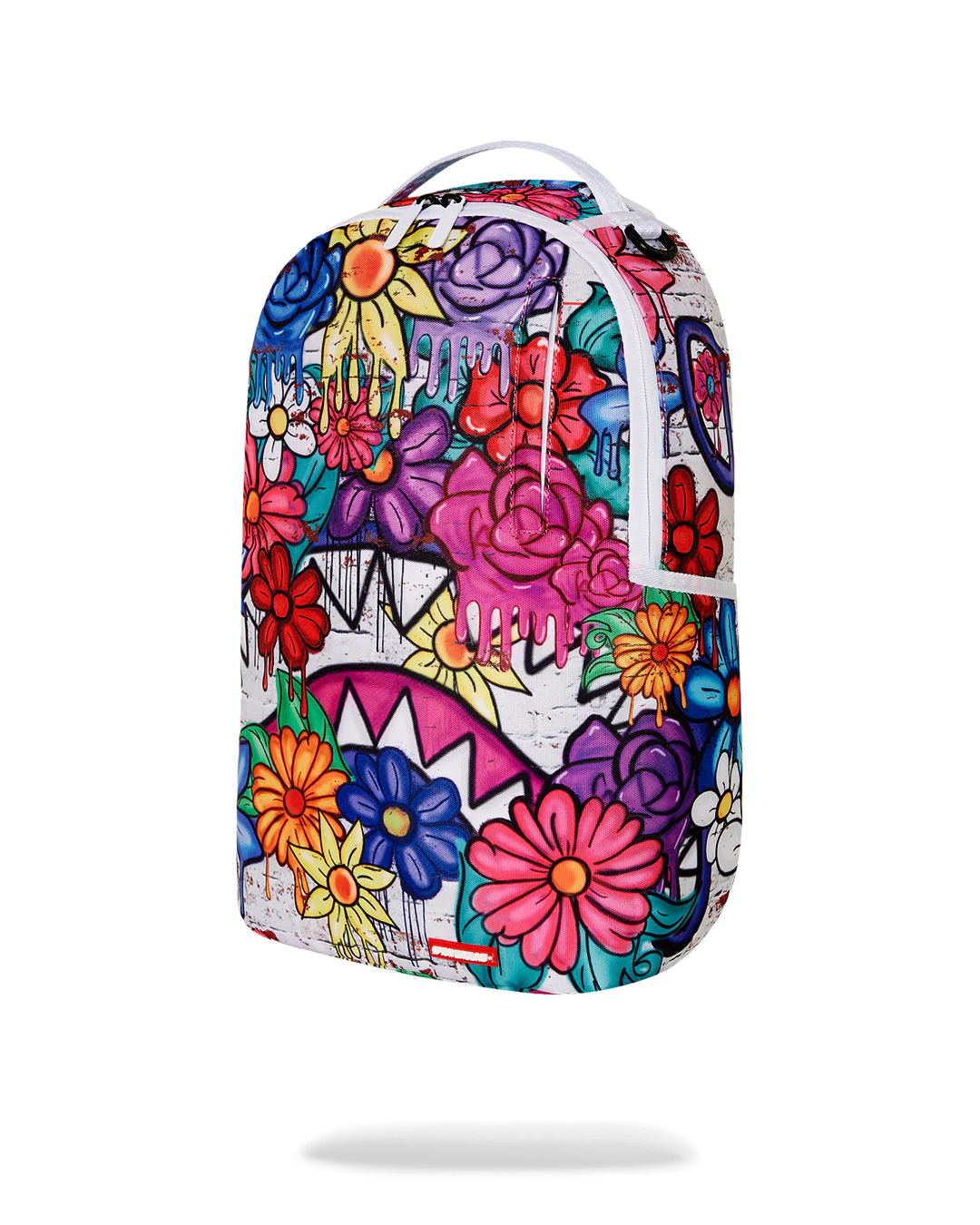 Colorful floral and graffiti-style backpack on a white background by sprayground