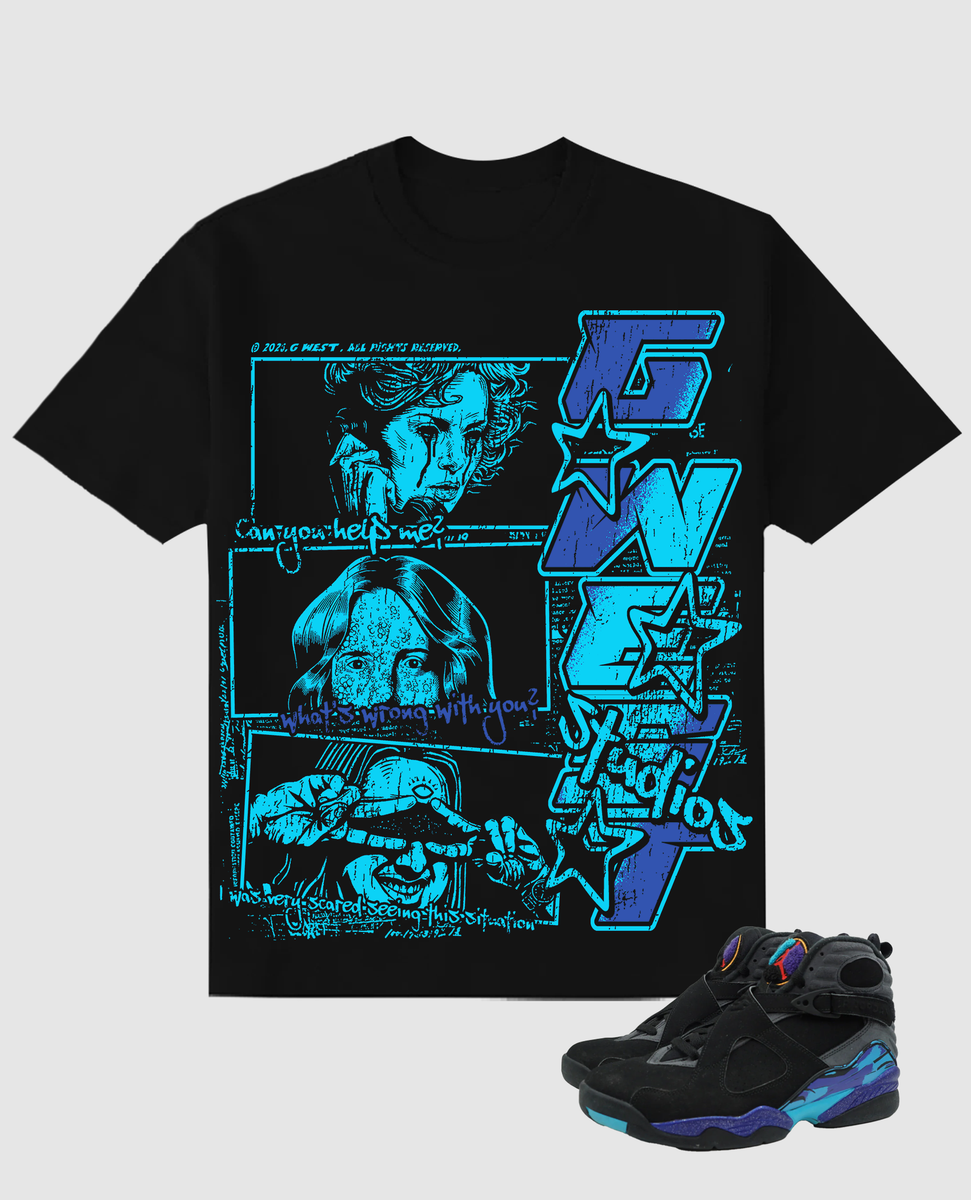 Black t-shirt with blue graphic design and matching sneakers on a light gray background