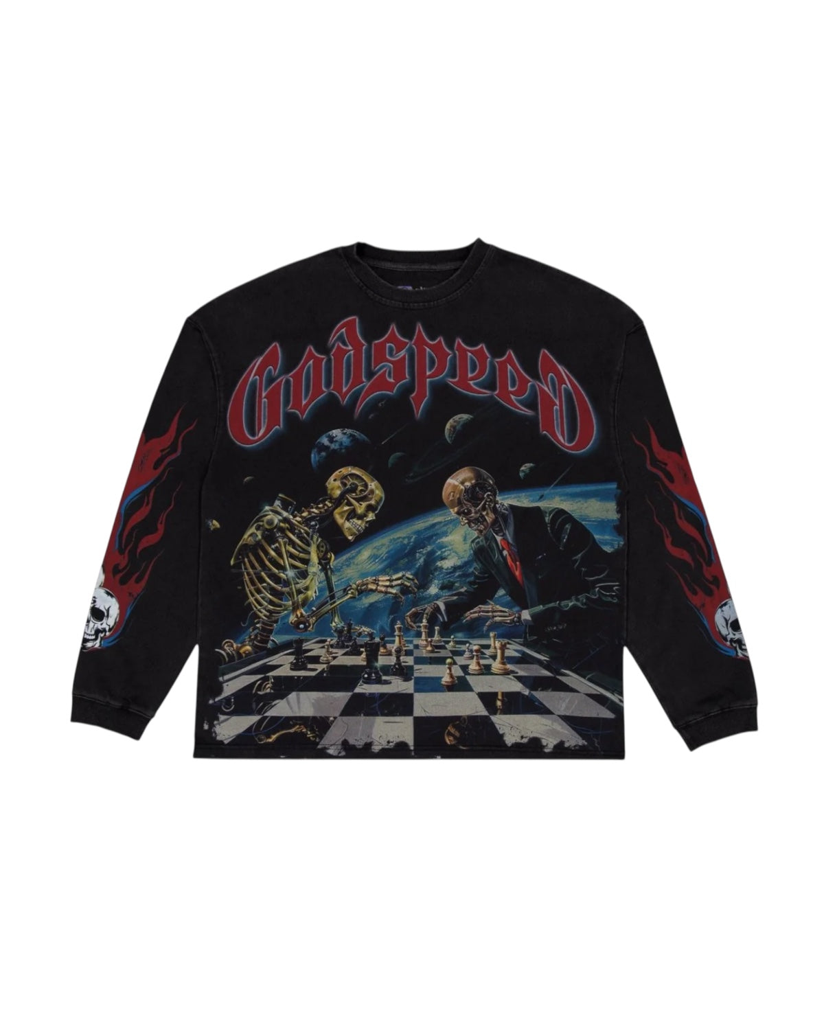 Black long-sleeve shirt with 'Godspeed' text and skeleton design on a white background