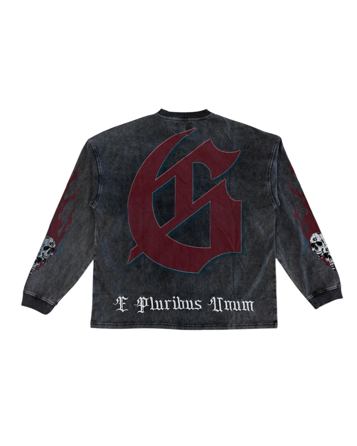 Long-sleeve shirt with a large red and black logo on the back, displayed against a white background.