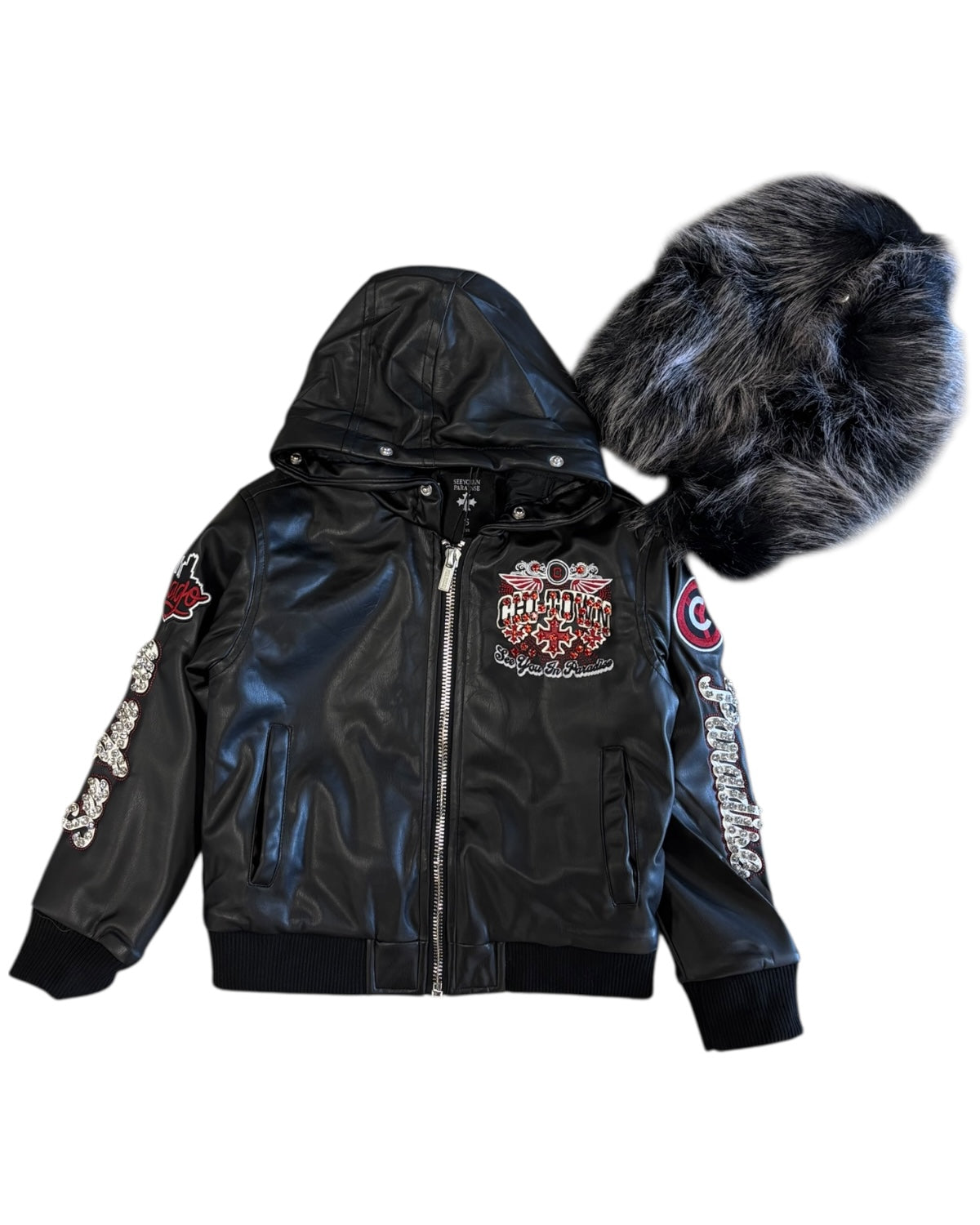 Black leather jacket with fur hood and embroidered designs on a white background
