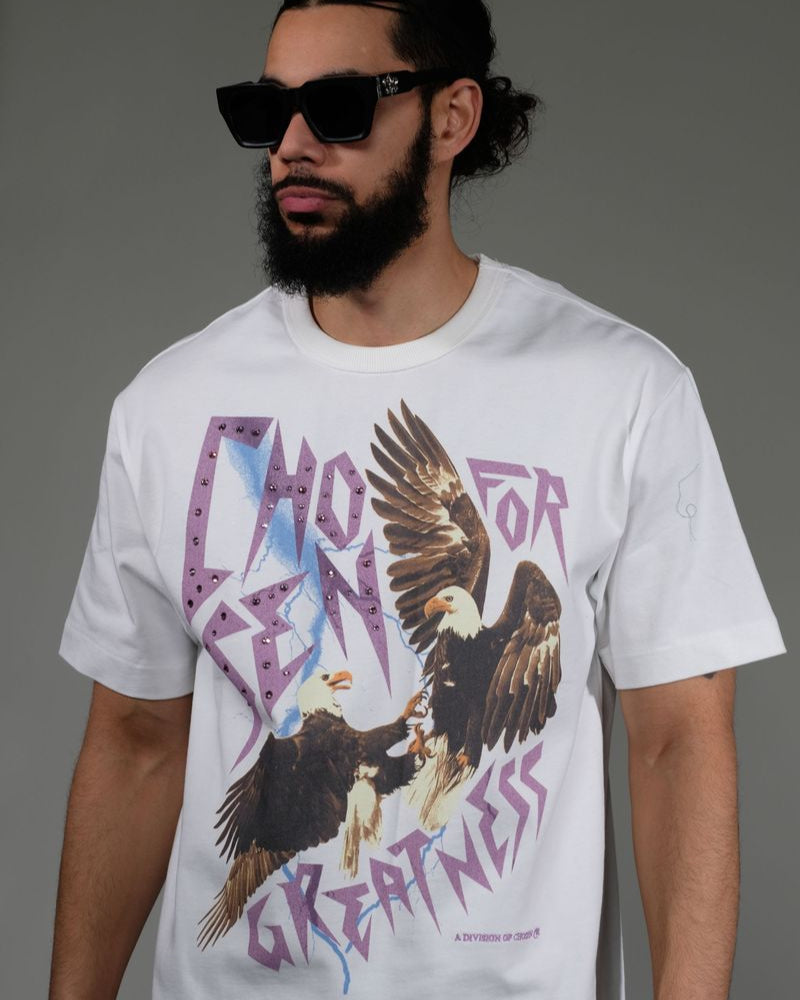 Black Chosen Eagle Tee featuring dual eagle print and lightning-style Chosen for Greatness text with rhinestones