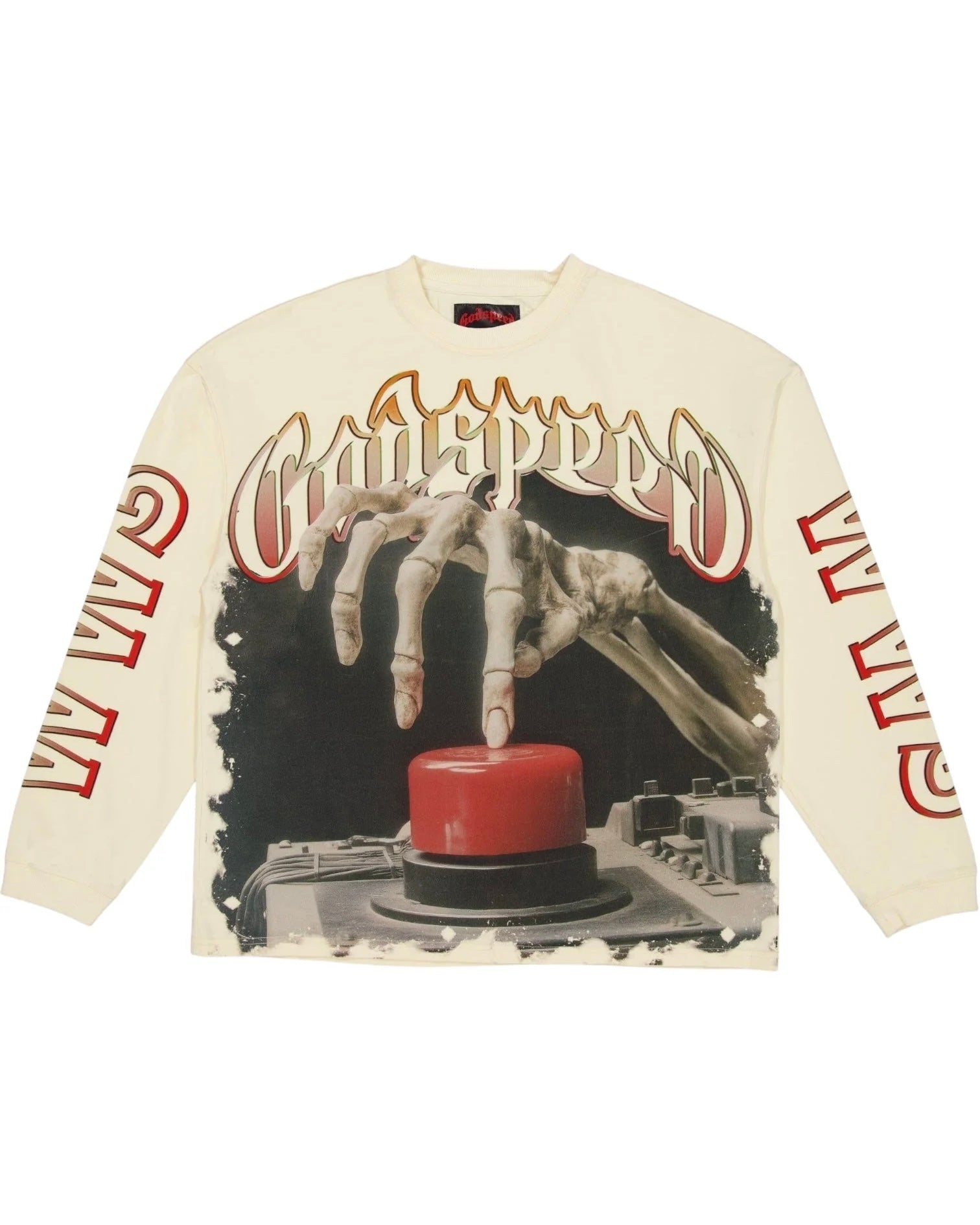 Long-sleeve shirt with graphic design of hands pressing a red button on a white background