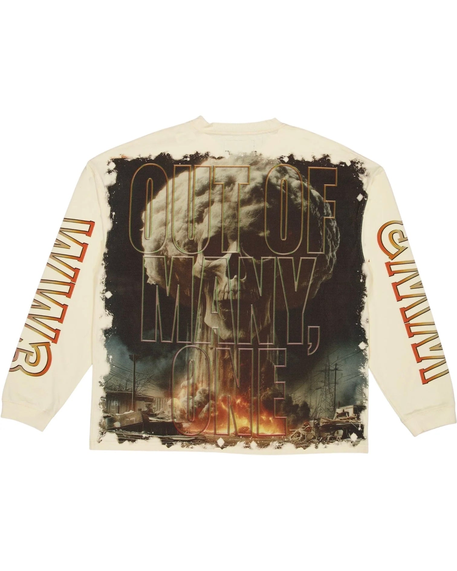 Long-sleeve shirt with graphic design and text on a white background