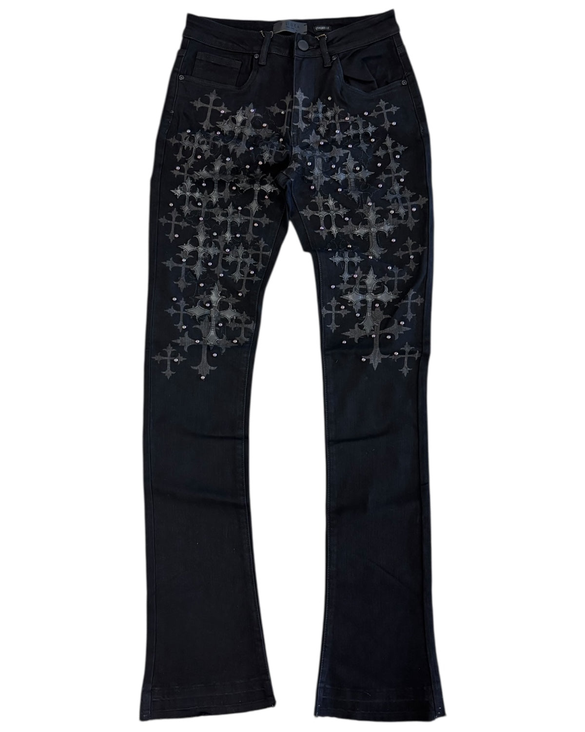 Black pants with star pattern on a white background