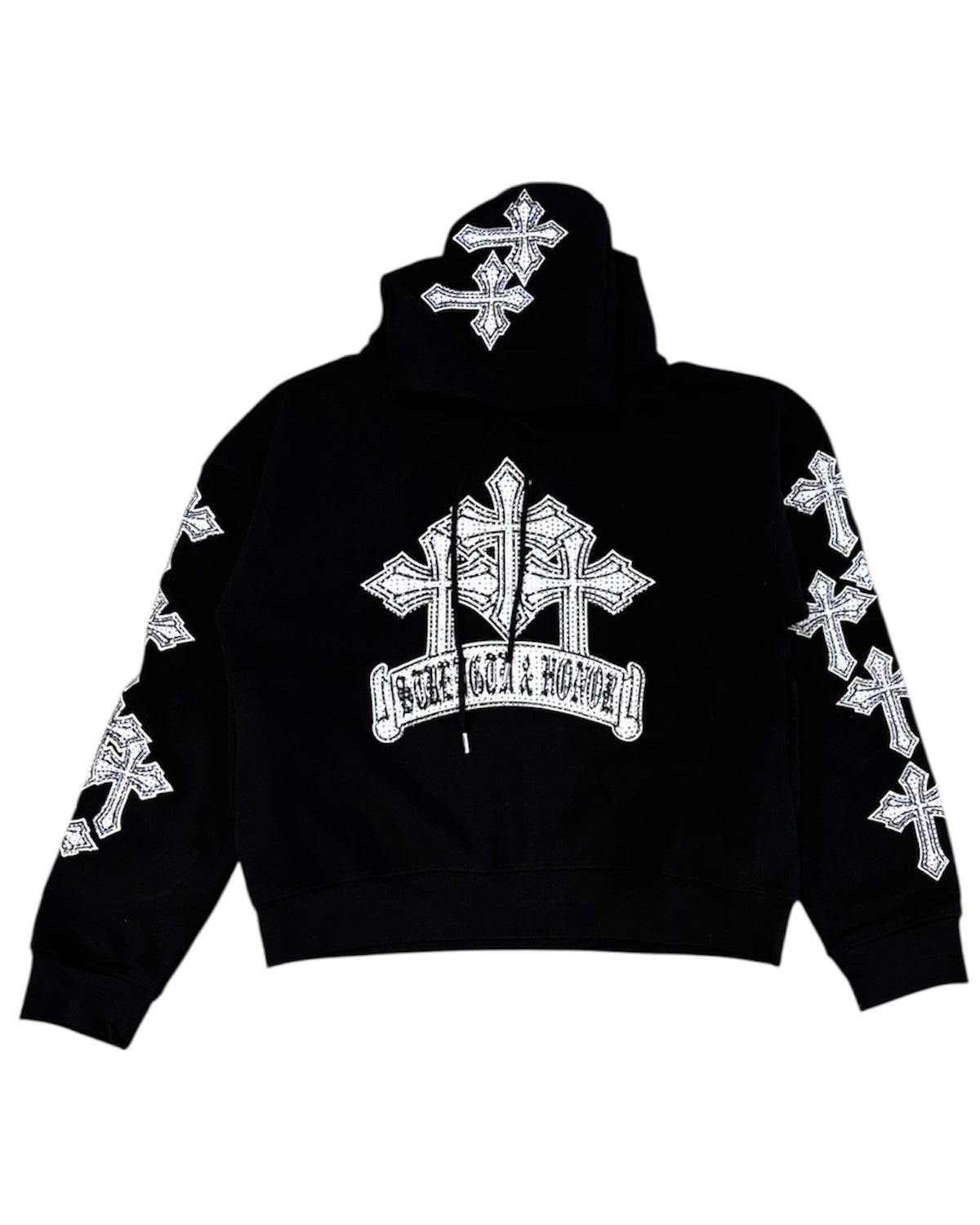 Black hoodie with white cross designs on a white background