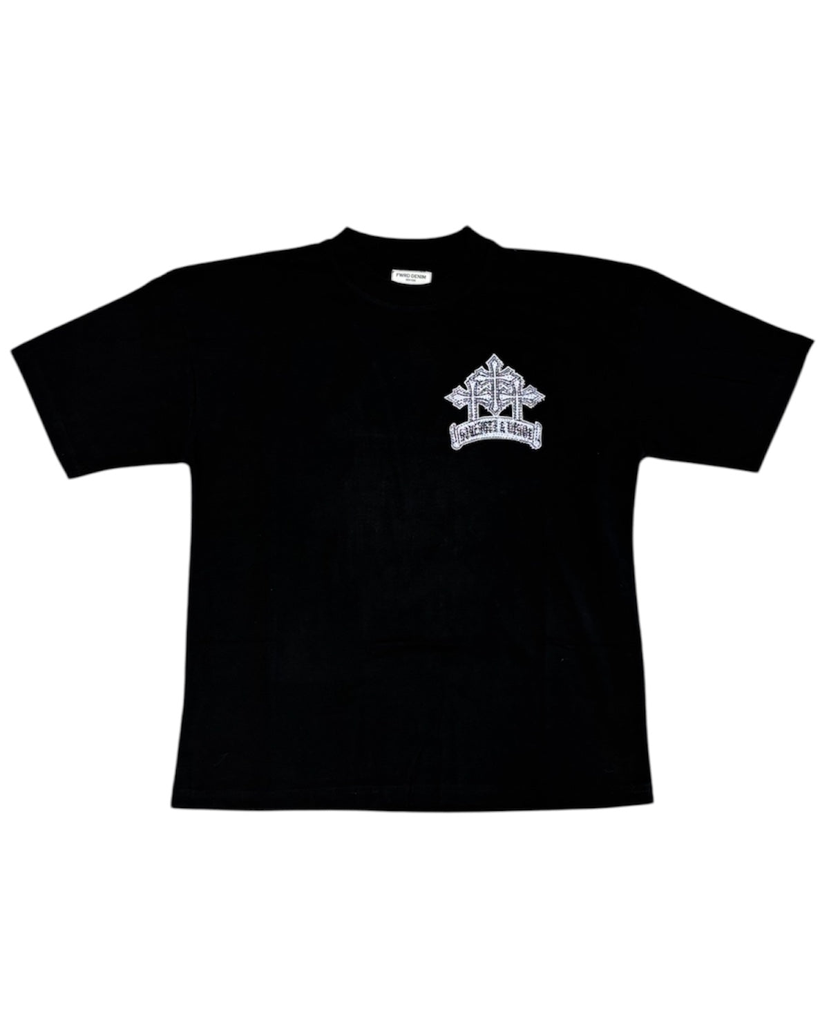 Black t-shirt with a white logo on a white background