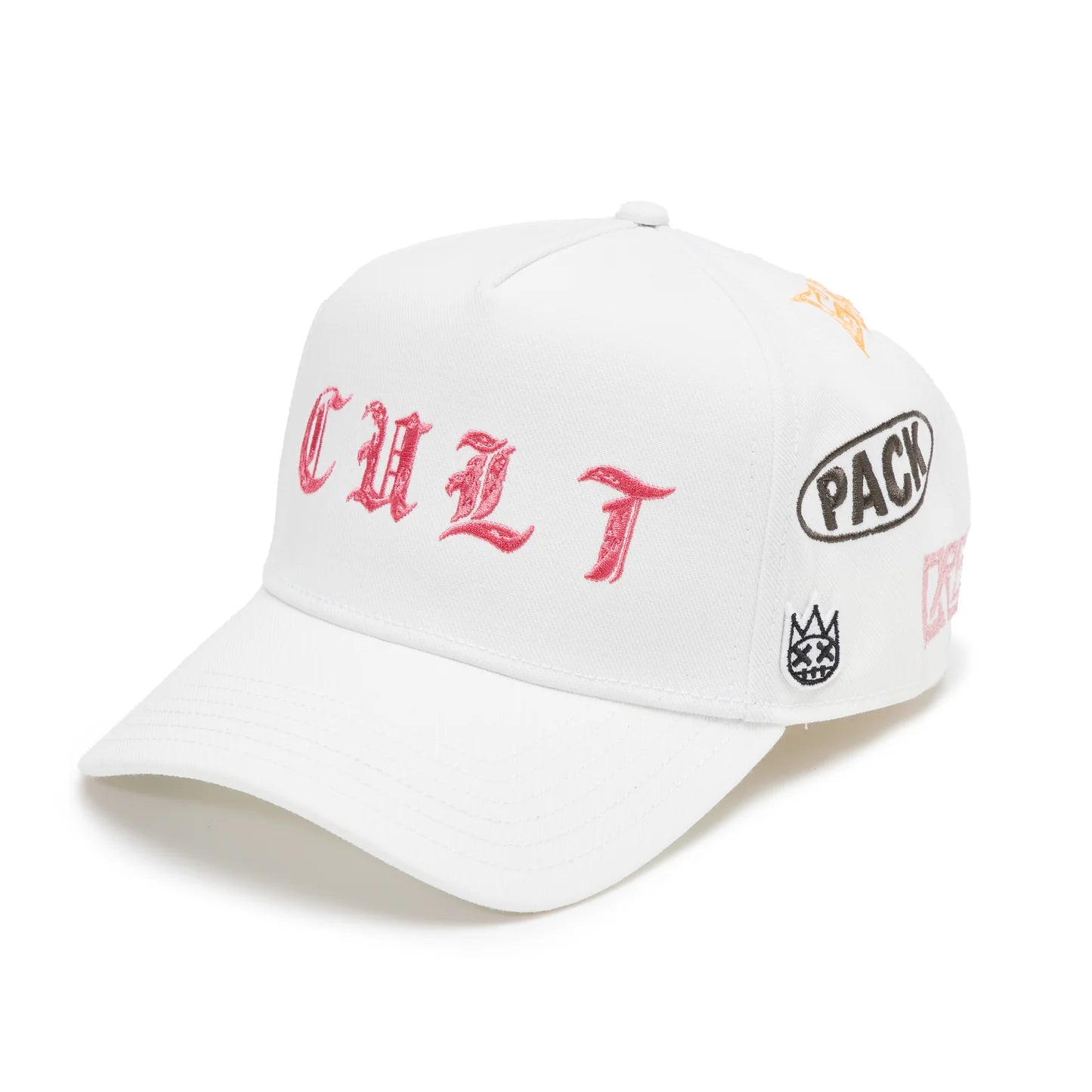 White cap with red and black text and logos on a white background