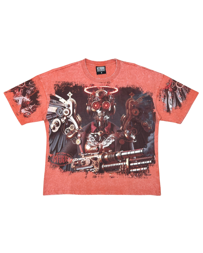 Red t-shirt with robot graphic design on a white background